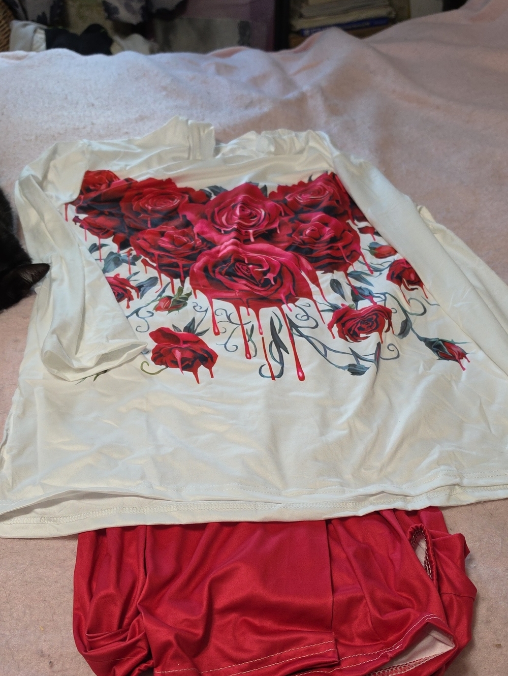 White Long Sleeve Top with Red Rose Graphic